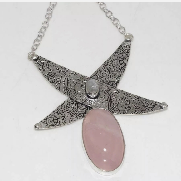 New Rose Quartz, Rainbow Moonstone Silver Necklace - Picture 2 of 2
